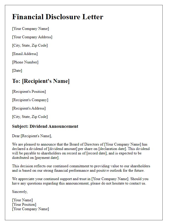 Letter template of financial disclosure for dividend announcements.