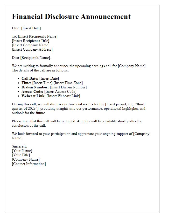 Letter template of financial disclosure for earnings call announcement.