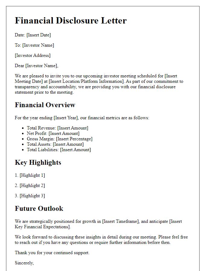 Letter template of financial disclosure for investor meeting.