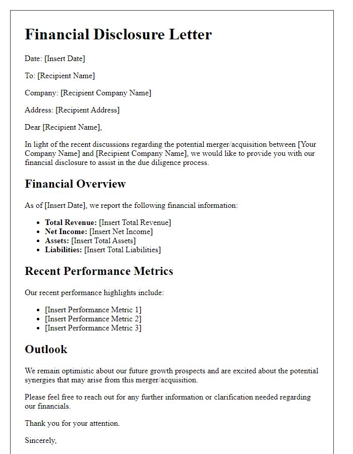 Letter template of financial disclosure for merger or acquisition news.