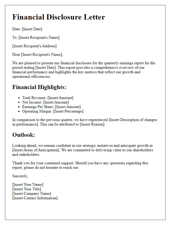 Letter template of financial disclosure for quarterly earnings report.