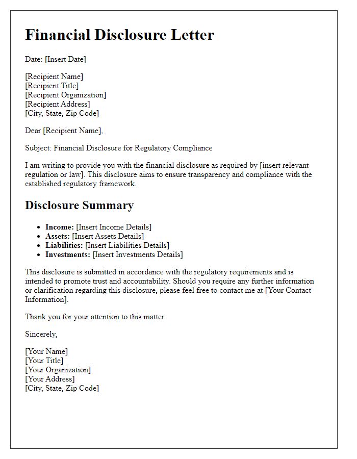 Letter template of financial disclosure for regulatory compliance.