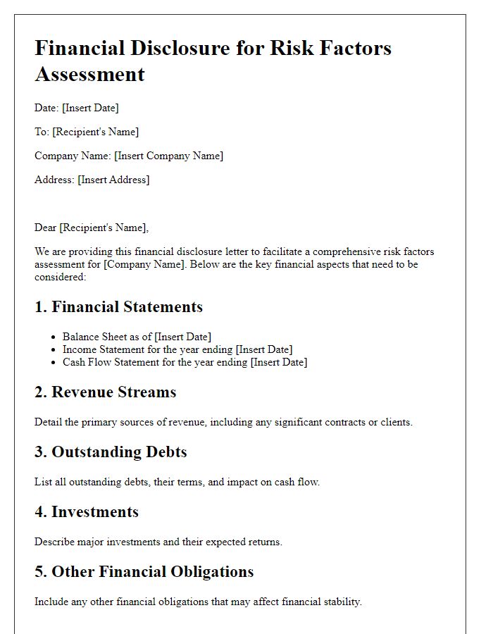 Letter template of financial disclosure for risk factors assessment.