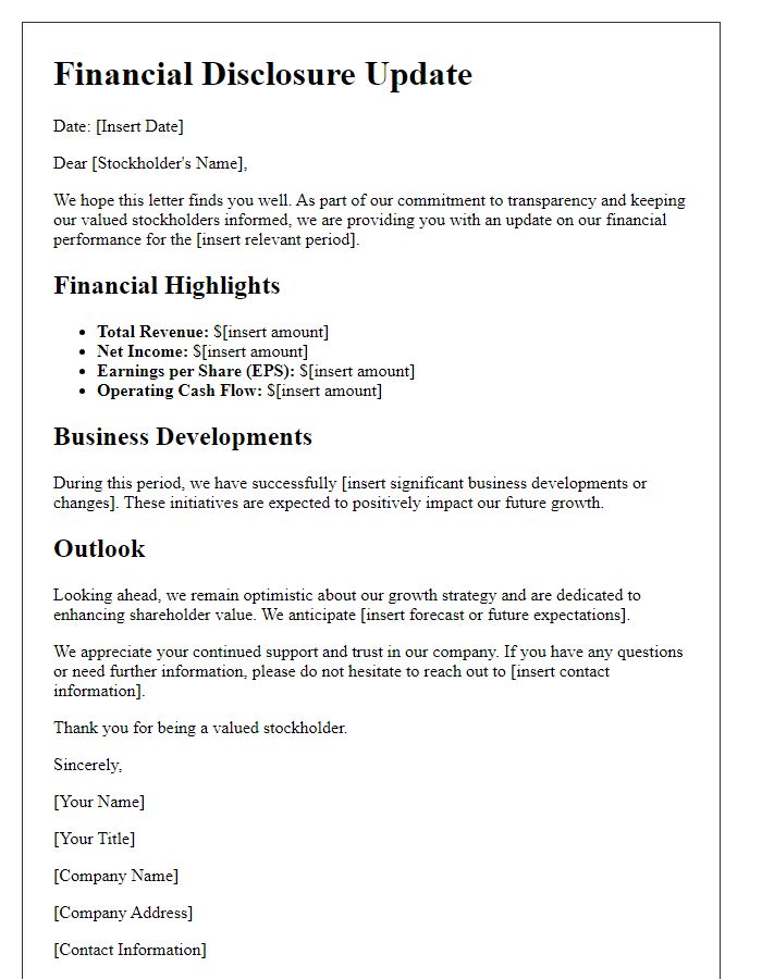 Letter template of financial disclosure for stockholder updates.