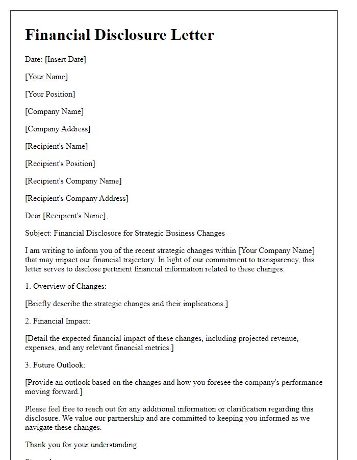 Letter template of financial disclosure for strategic business changes.