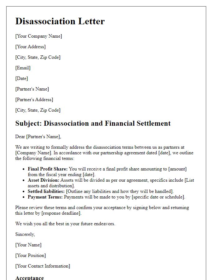 Letter template of partner disassociation financial terms