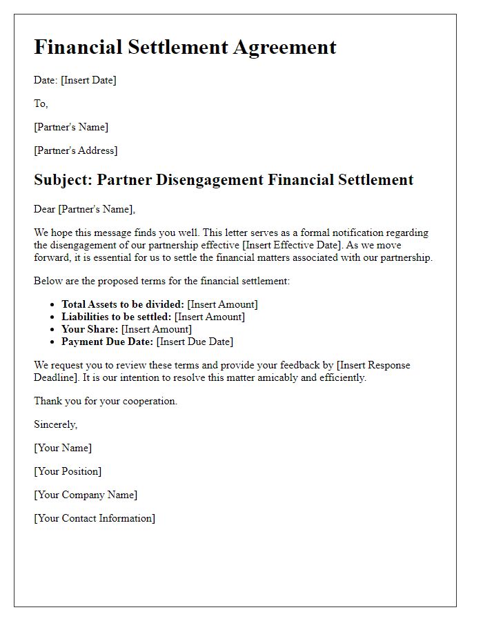 Letter template of partner disengagement financial settlement