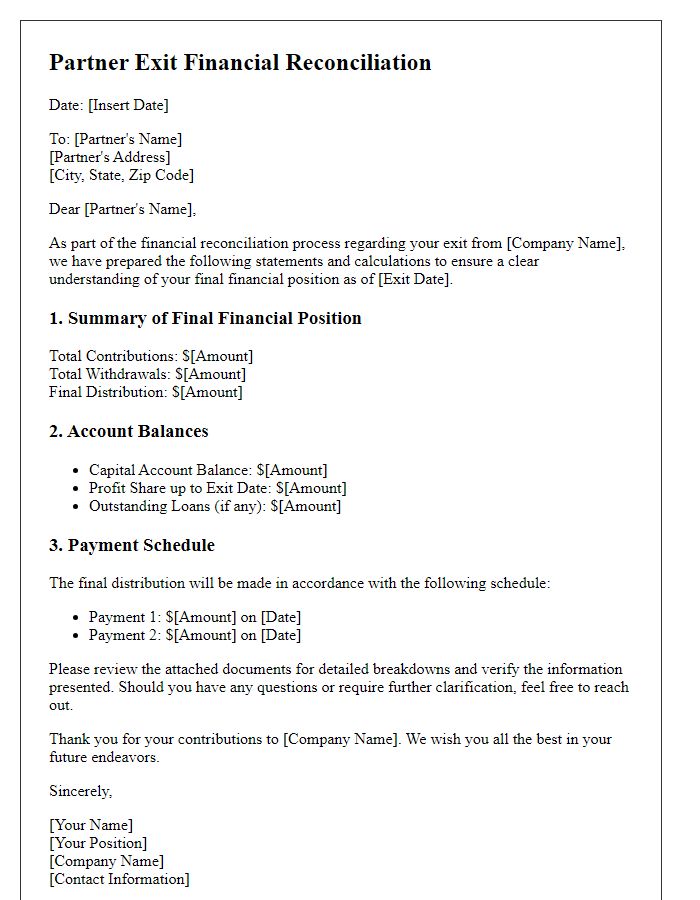 Letter template of partner exit financial reconciliation