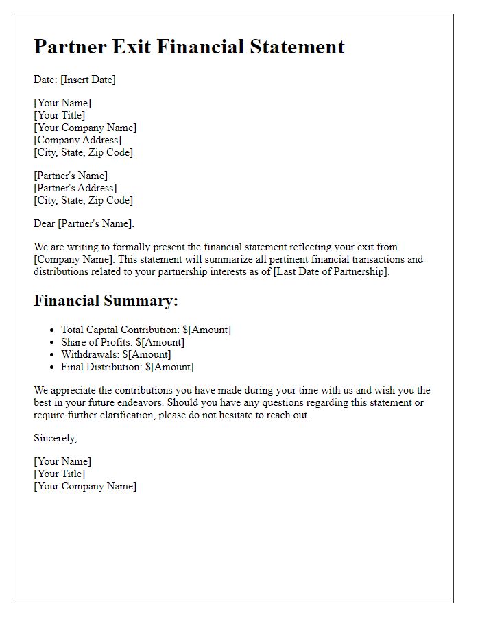 Letter template of partner exit financial statement