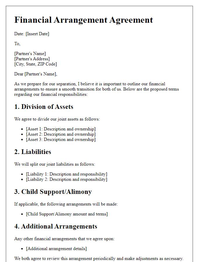 Letter template of partner separation financial arrangement