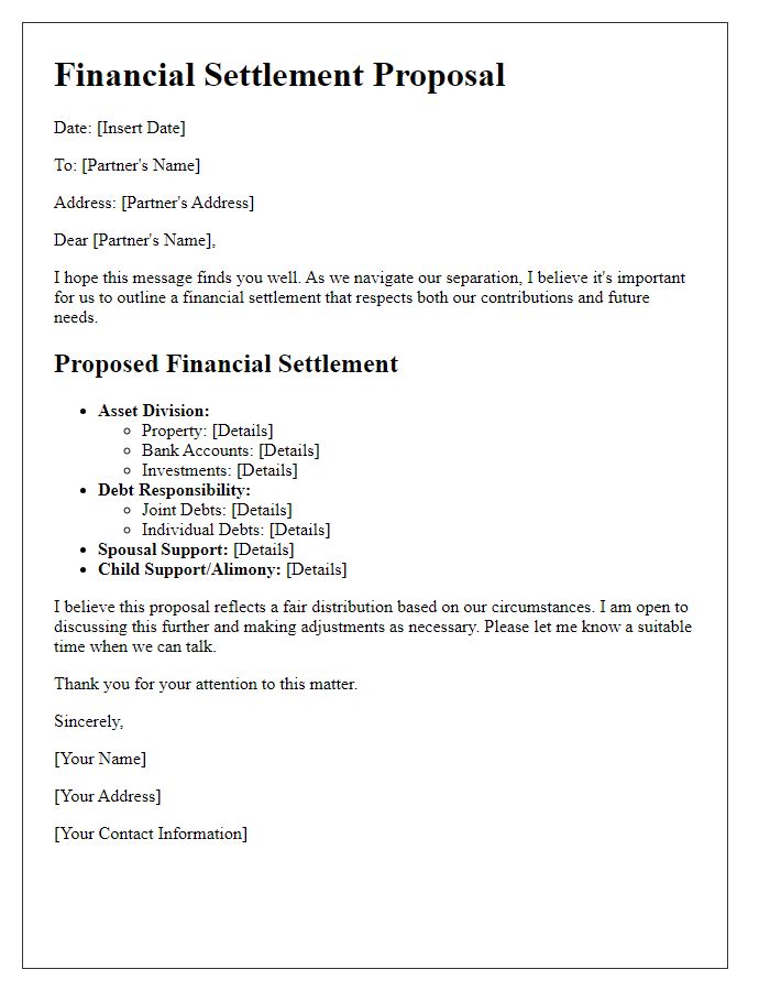 Letter template of partner separation financial settlement proposal