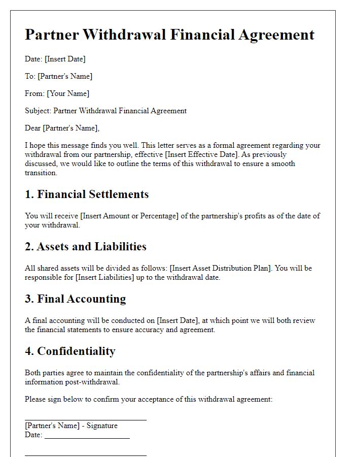 Letter template of partner withdrawal financial agreement