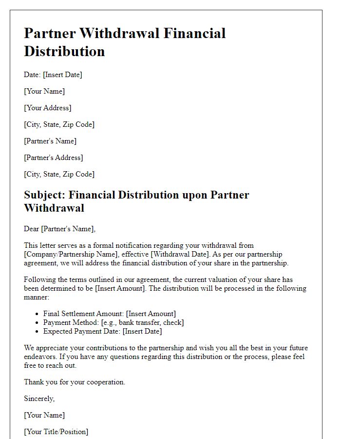 Letter template of partner withdrawal financial distribution