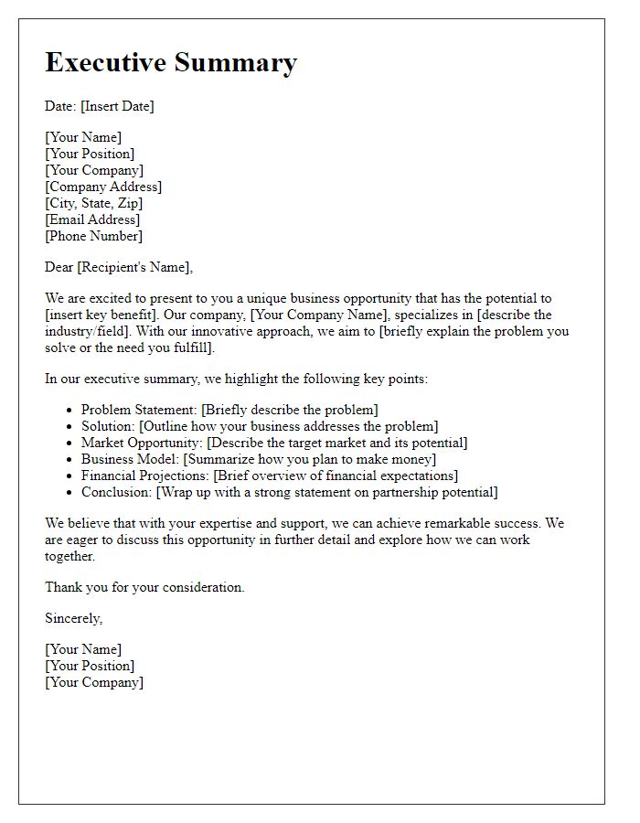 Letter template of executive summary for business pitch