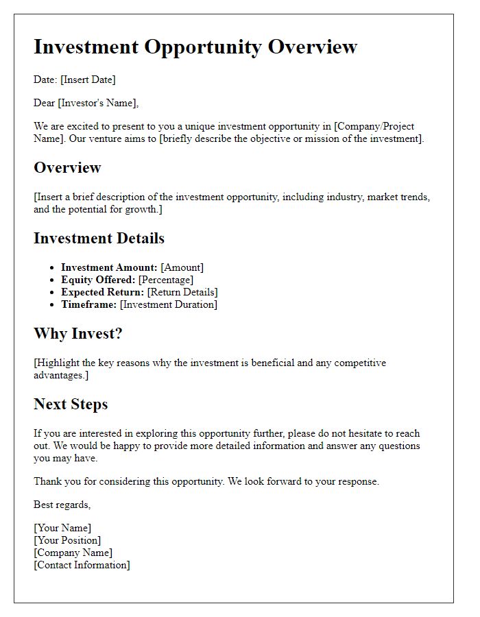 Letter template of investment opportunity overview