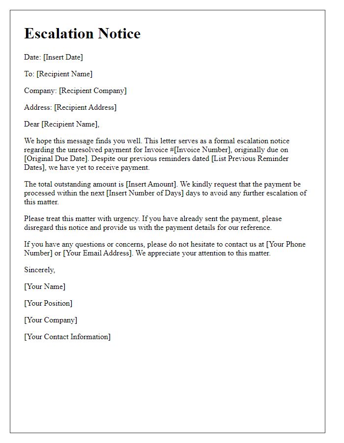 Letter template of escalation notice for unresolved payment reminders.