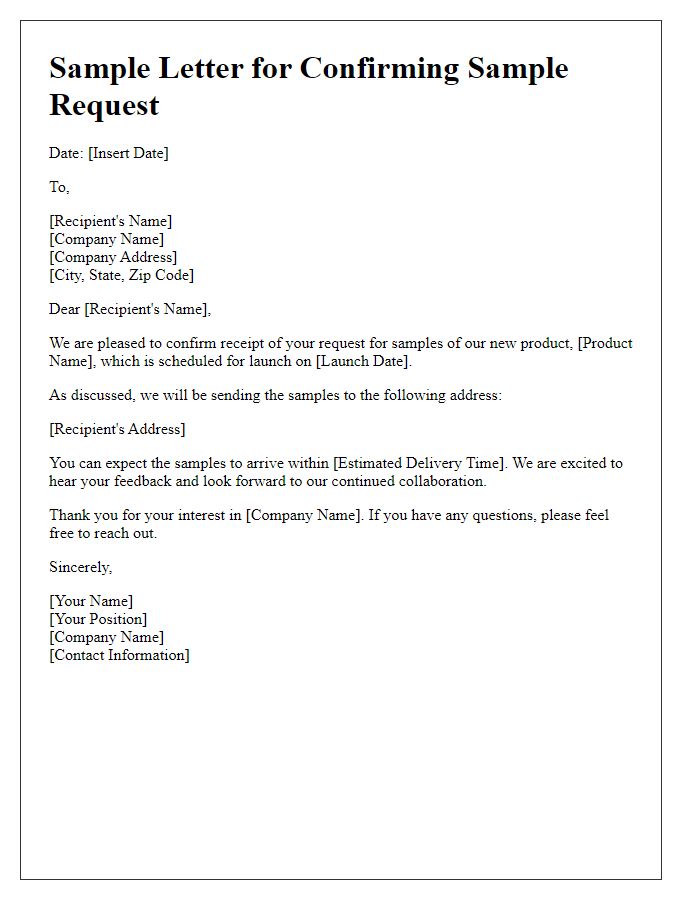 Letter template of confirming sample request for new product launch