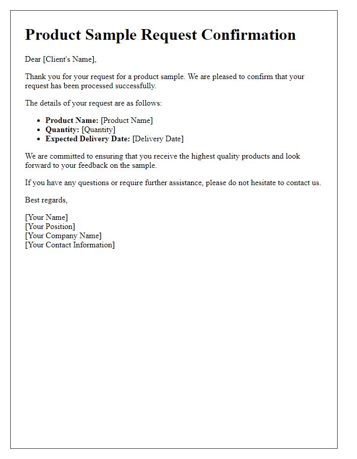 Letter template of product sample request confirmation for client
