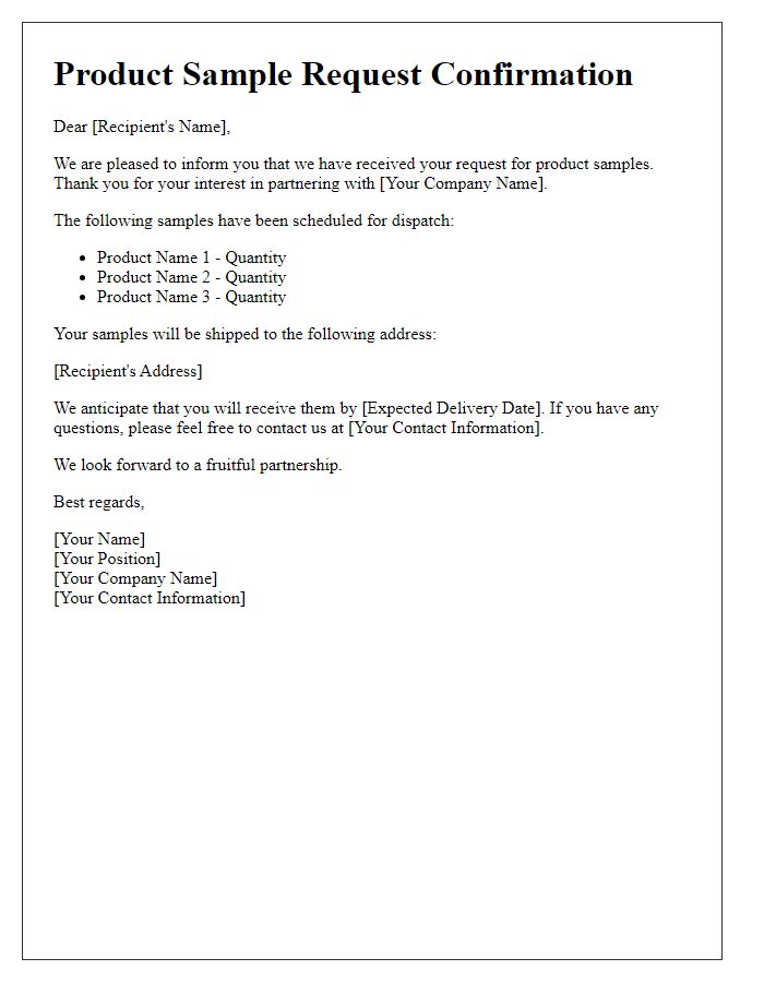 Letter template of product sample request confirmation for partnership