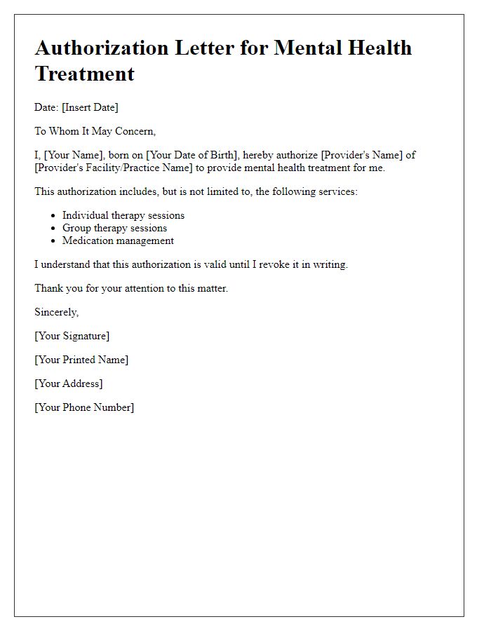 Letter template of authorization for mental health treatment