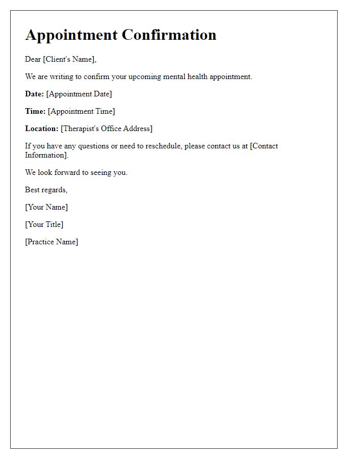 Letter template of confirmation for mental health appointment