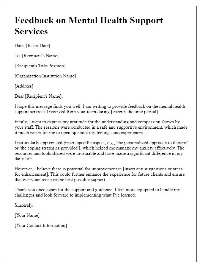 Letter template of feedback for mental health support received