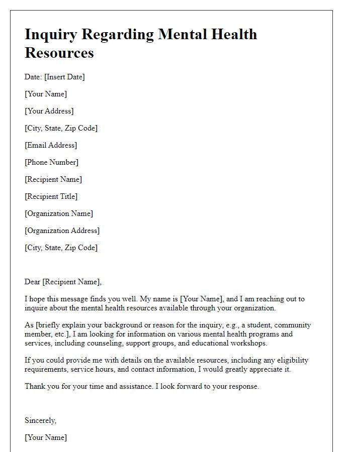 Letter template of inquiry regarding mental health resources