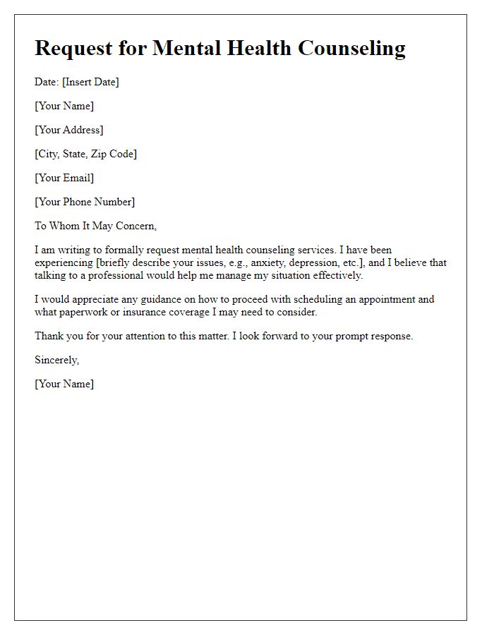 Letter template of request for mental health counseling