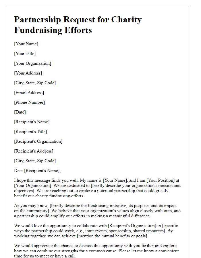 Letter template of partnership request for charity fundraising efforts