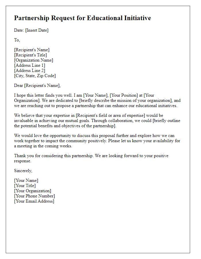 Letter template of partnership request for educational initiative