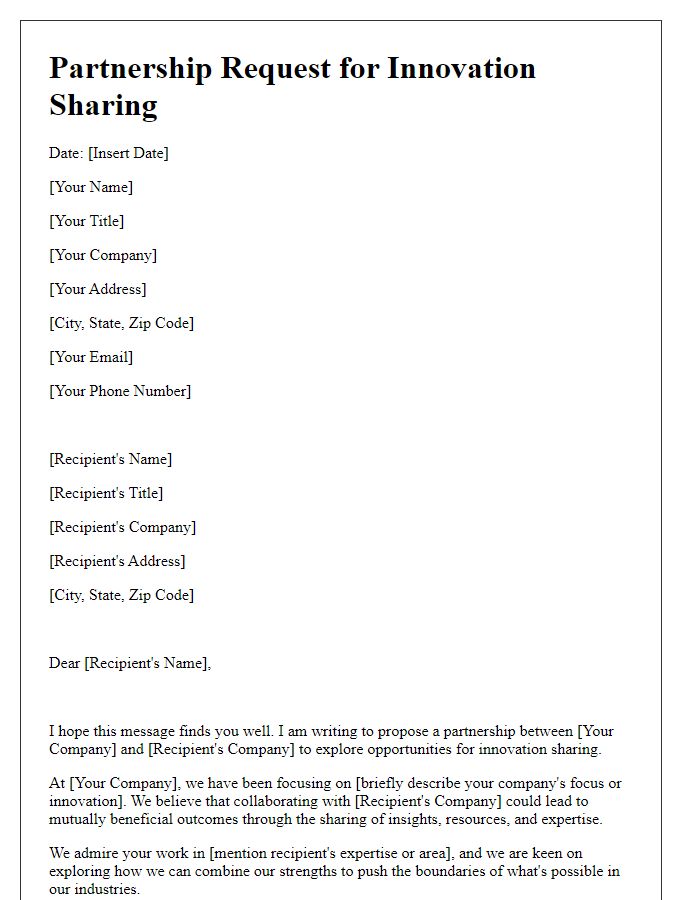 Letter template of partnership request for innovation sharing