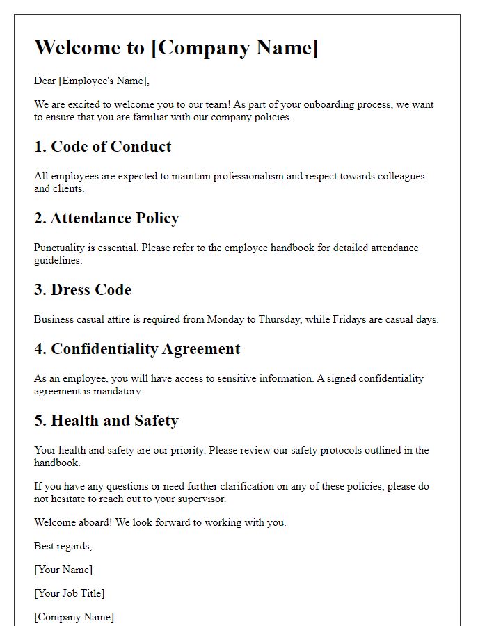 Letter template of company policies for onboarding