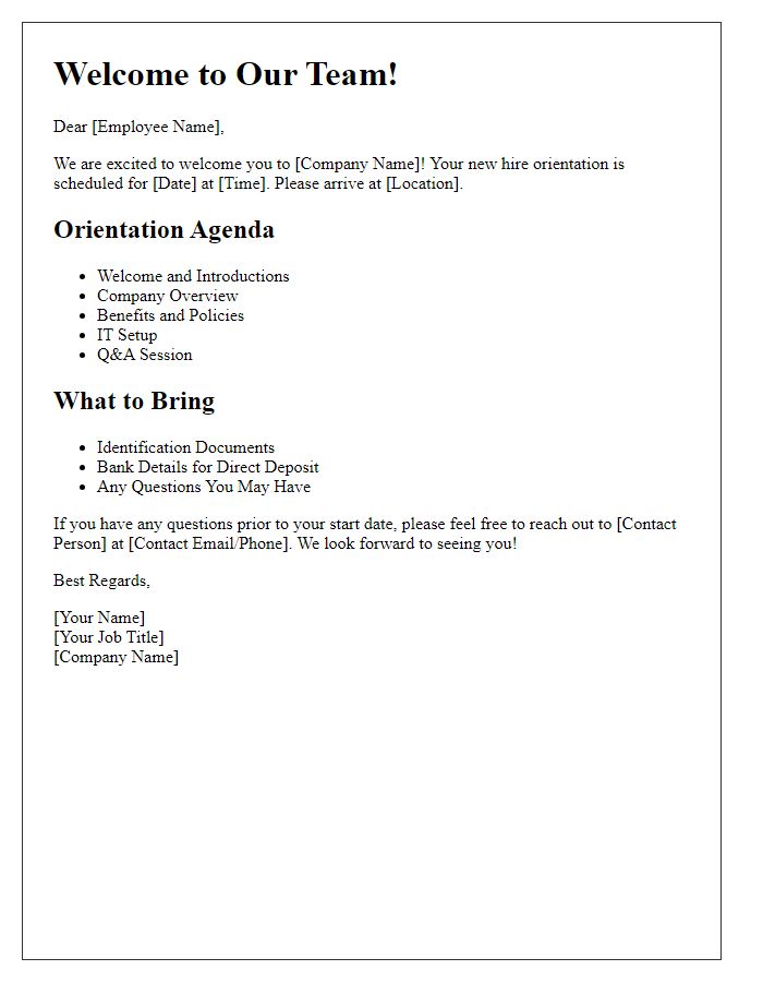 Letter template of new hire orientation details