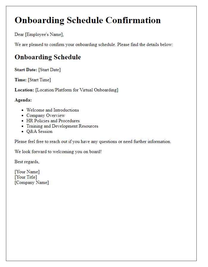 Letter template of onboarding schedule confirmation