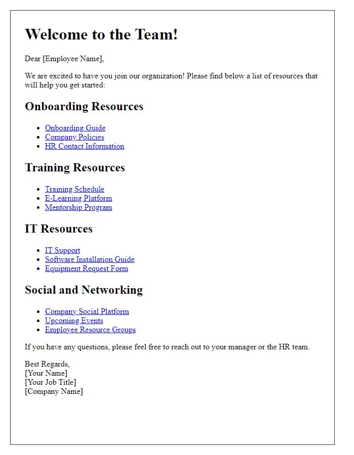 Letter template of resources for new employees