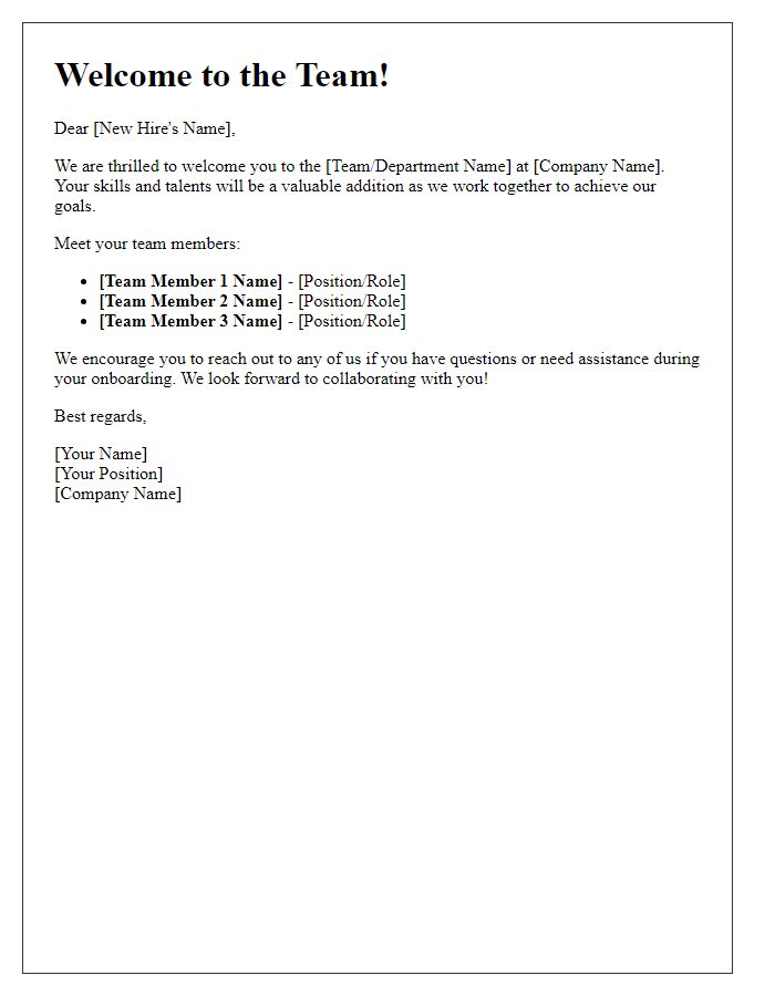 Letter template of team introduction for new hires