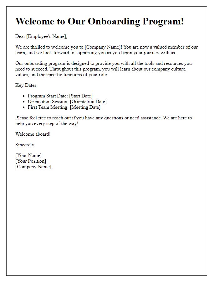 Letter template of welcome to the onboarding program