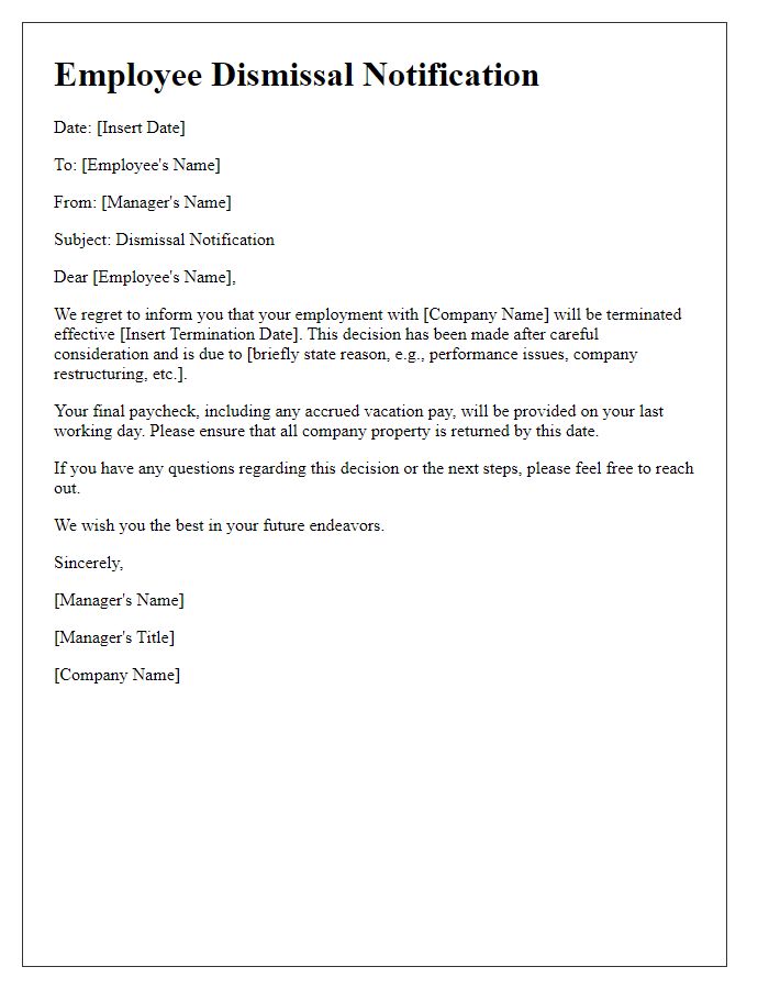 Letter template of employee dismissal notification