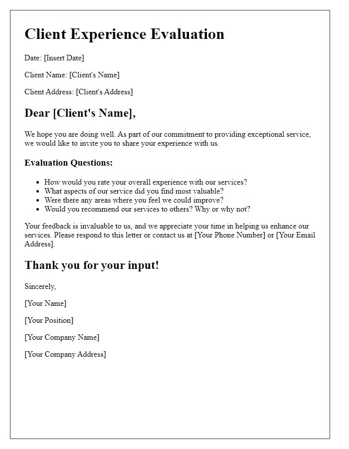 Letter template of client experience evaluation