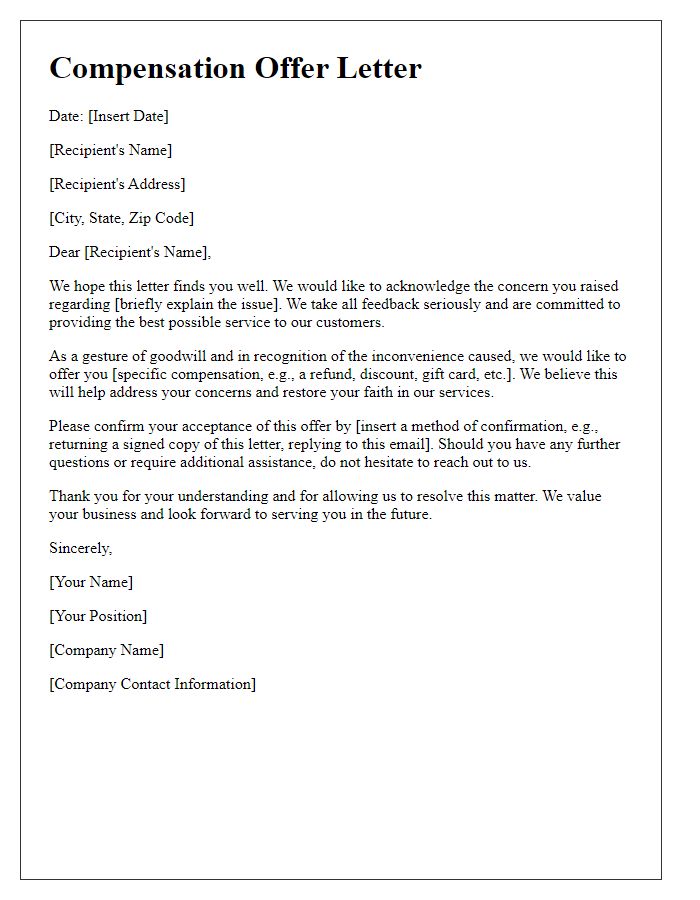 Letter template of compensation offer in response to complaint.