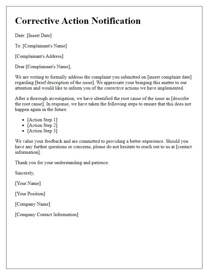 Letter template of corrective action notification to complainant.