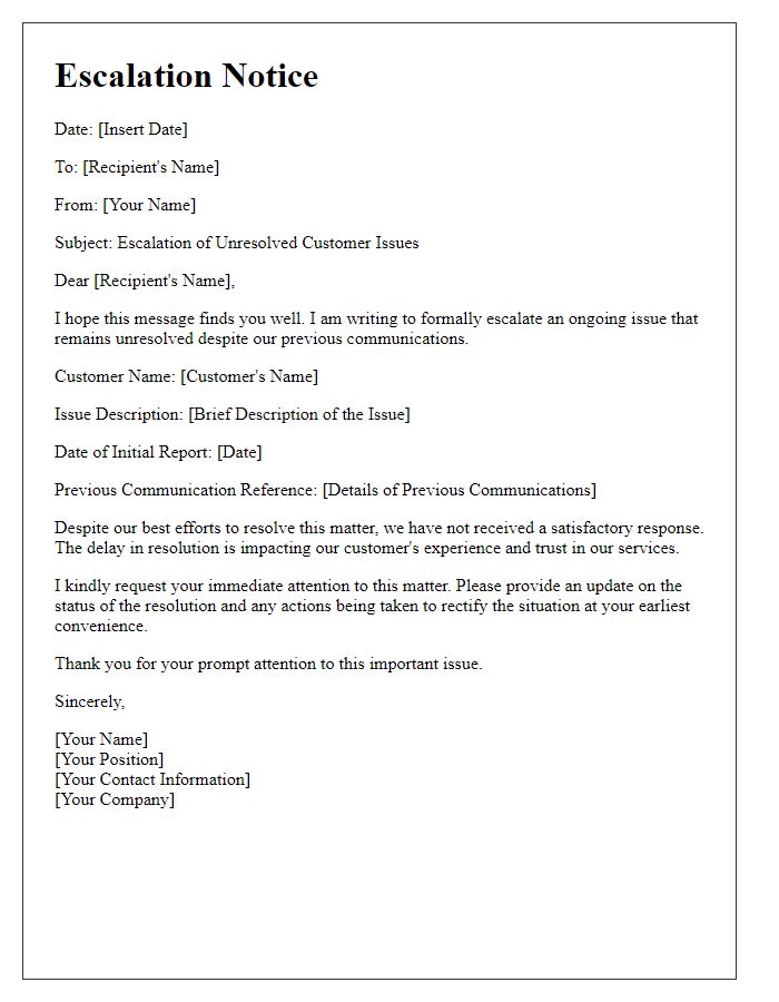 Letter template of escalation notice for unresolved customer issues.