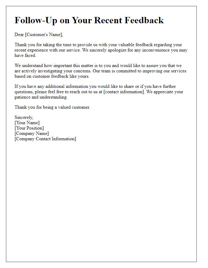 Letter template of follow-up concerning customer complaint feedback.