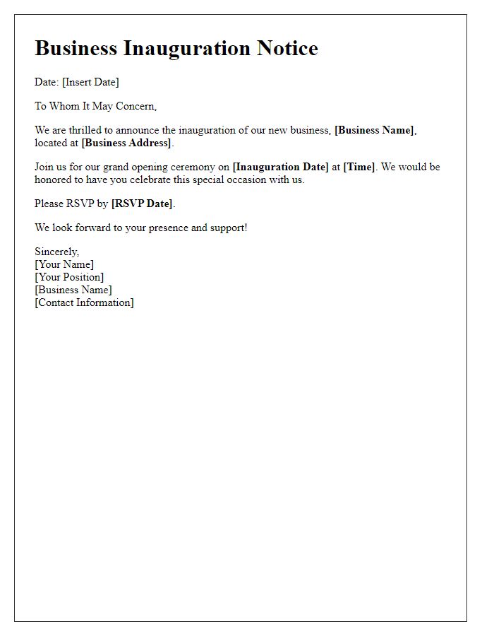 Letter template of business inauguration notice