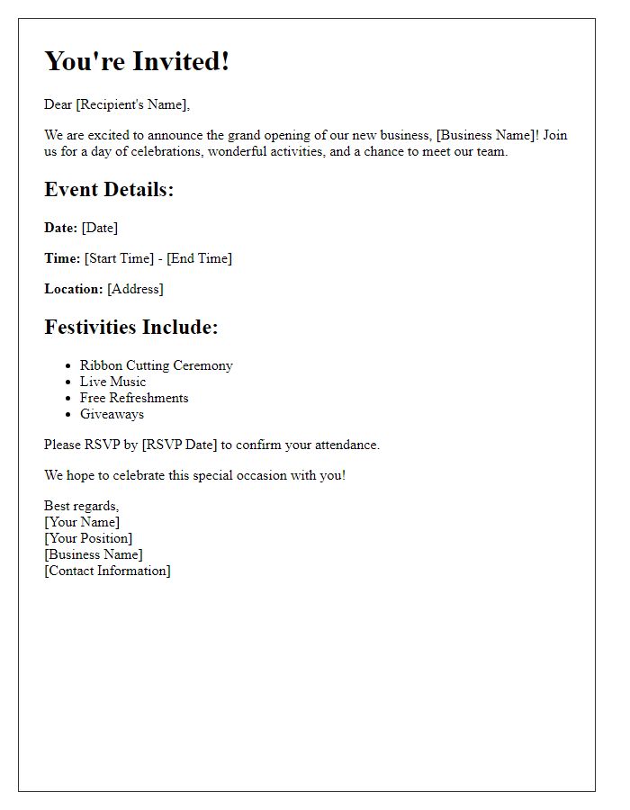 Letter template of business opening festivities invitation