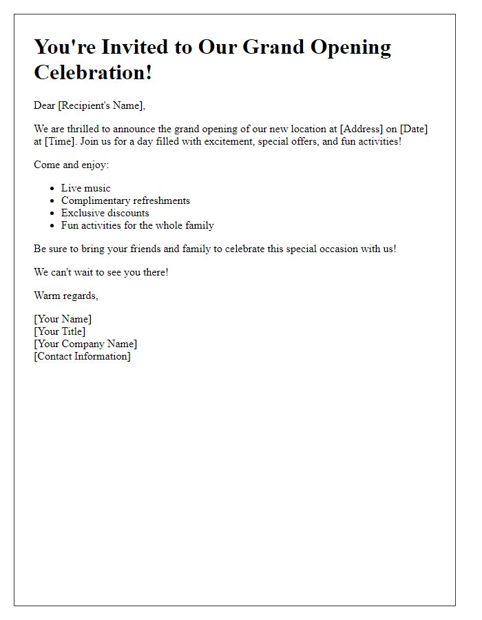 Letter template of grand opening celebration announcement