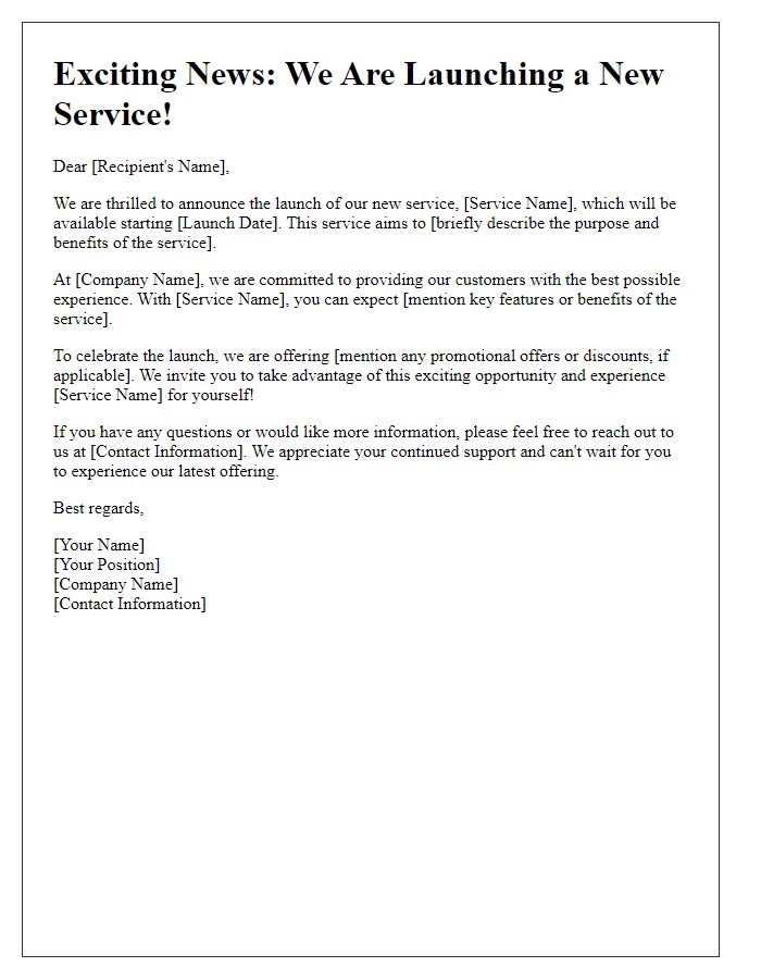 Letter template of service launch announcement