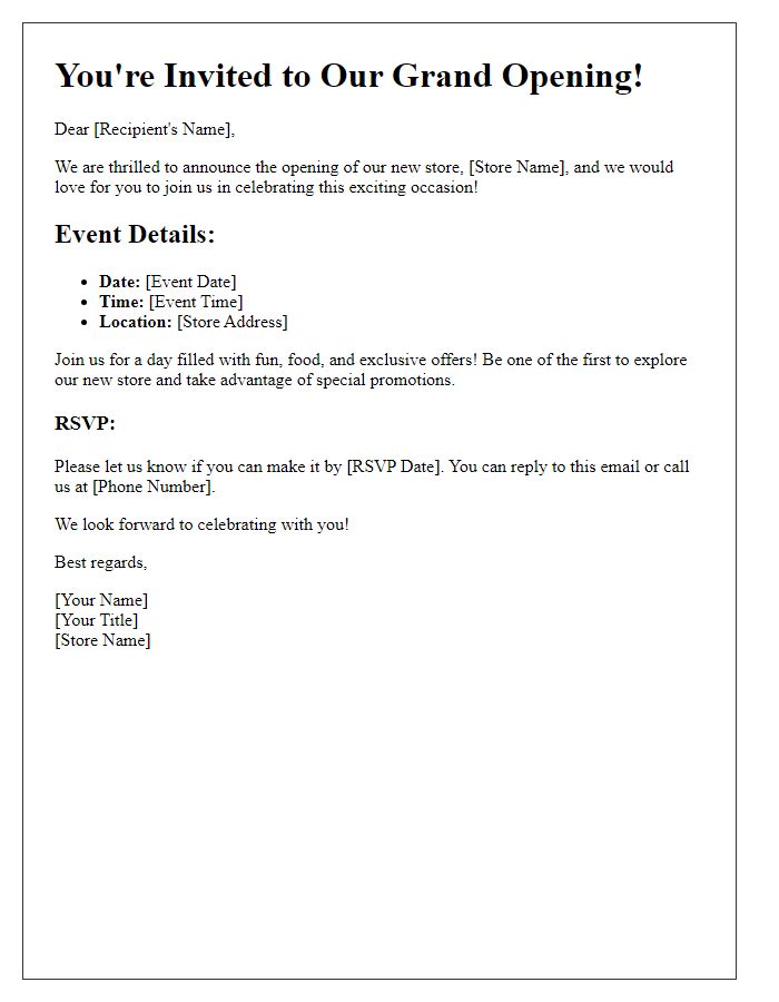 Letter template of store opening event details