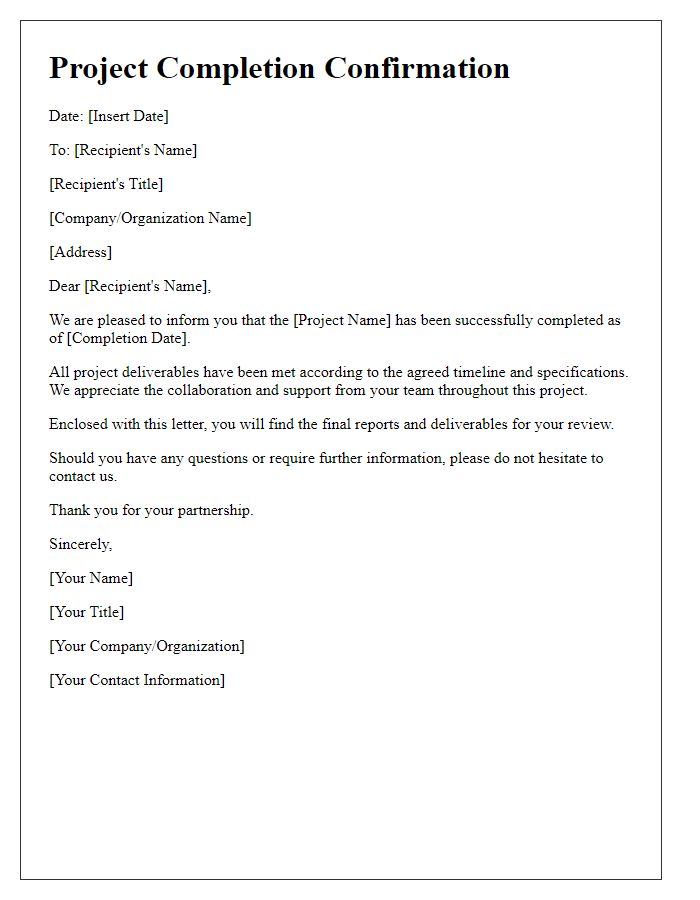 Letter template of project completion confirmation