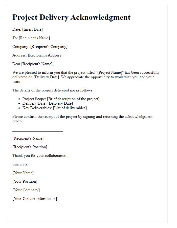 Letter template of project delivery acknowledgment